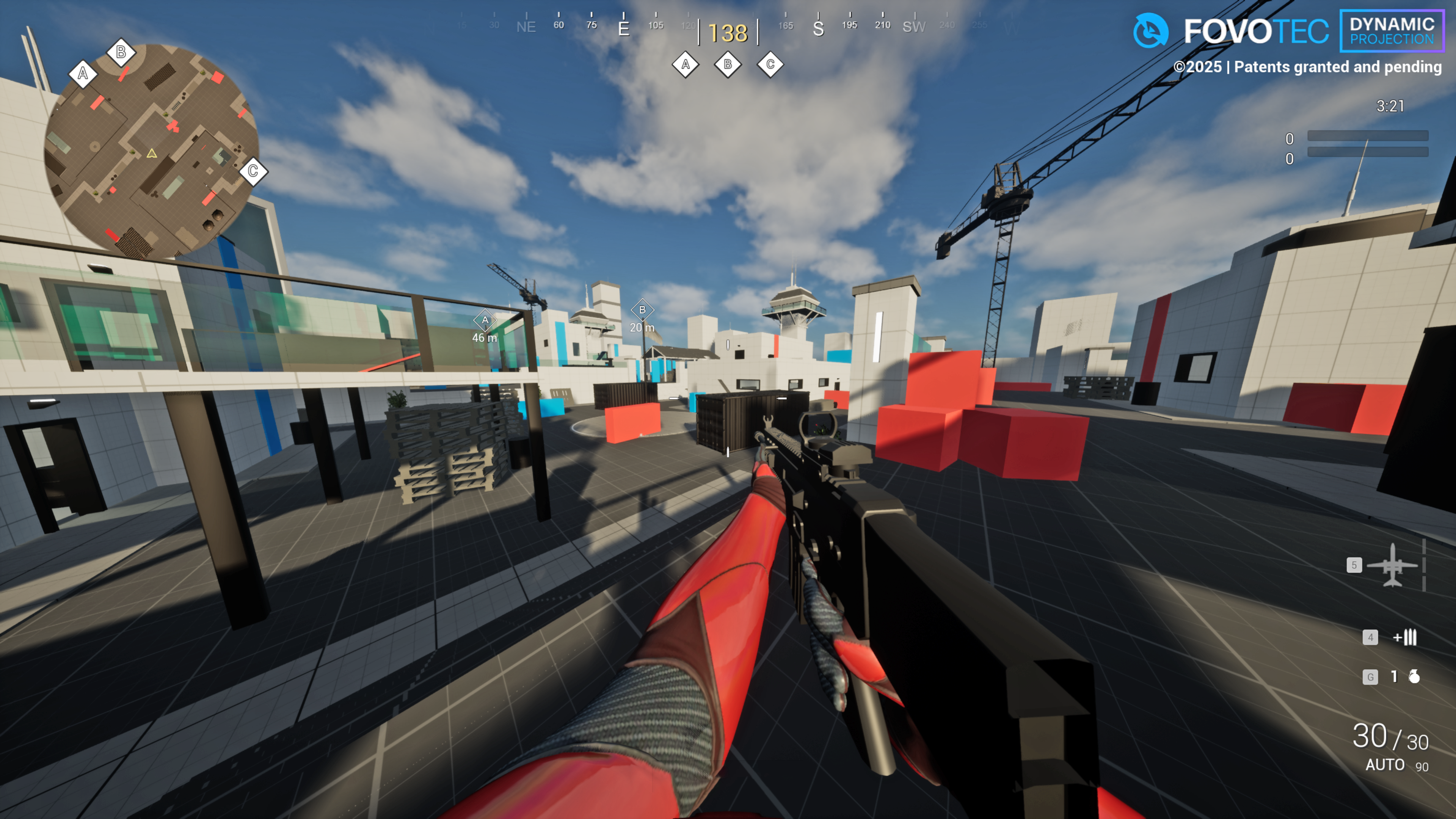 A screenshot of a 3D engine running a field of view demonstration, to show the impact of the use of Fovotec's FOV software