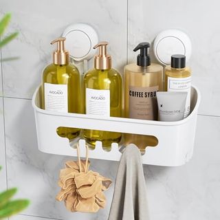 white shower caddy with suction cup