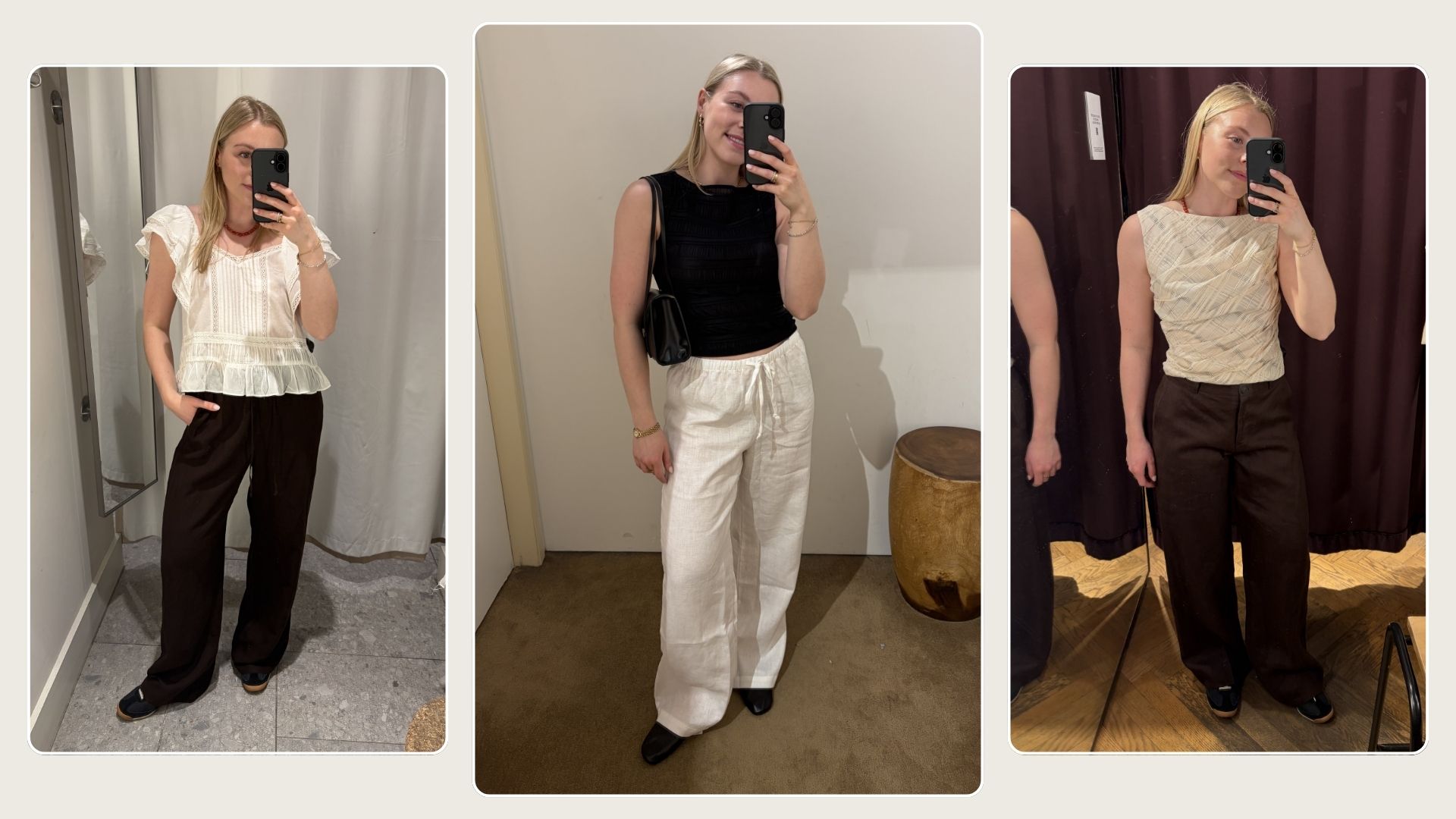 Woman wears linen trousers 