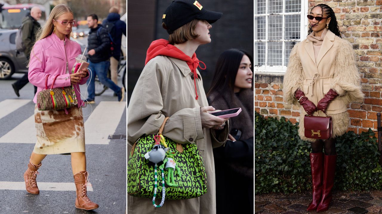 a collage of three women carrying vintage bags by Dior, Louis Vuitton, and Hermes while walking around Copenhagen Fashion Week 