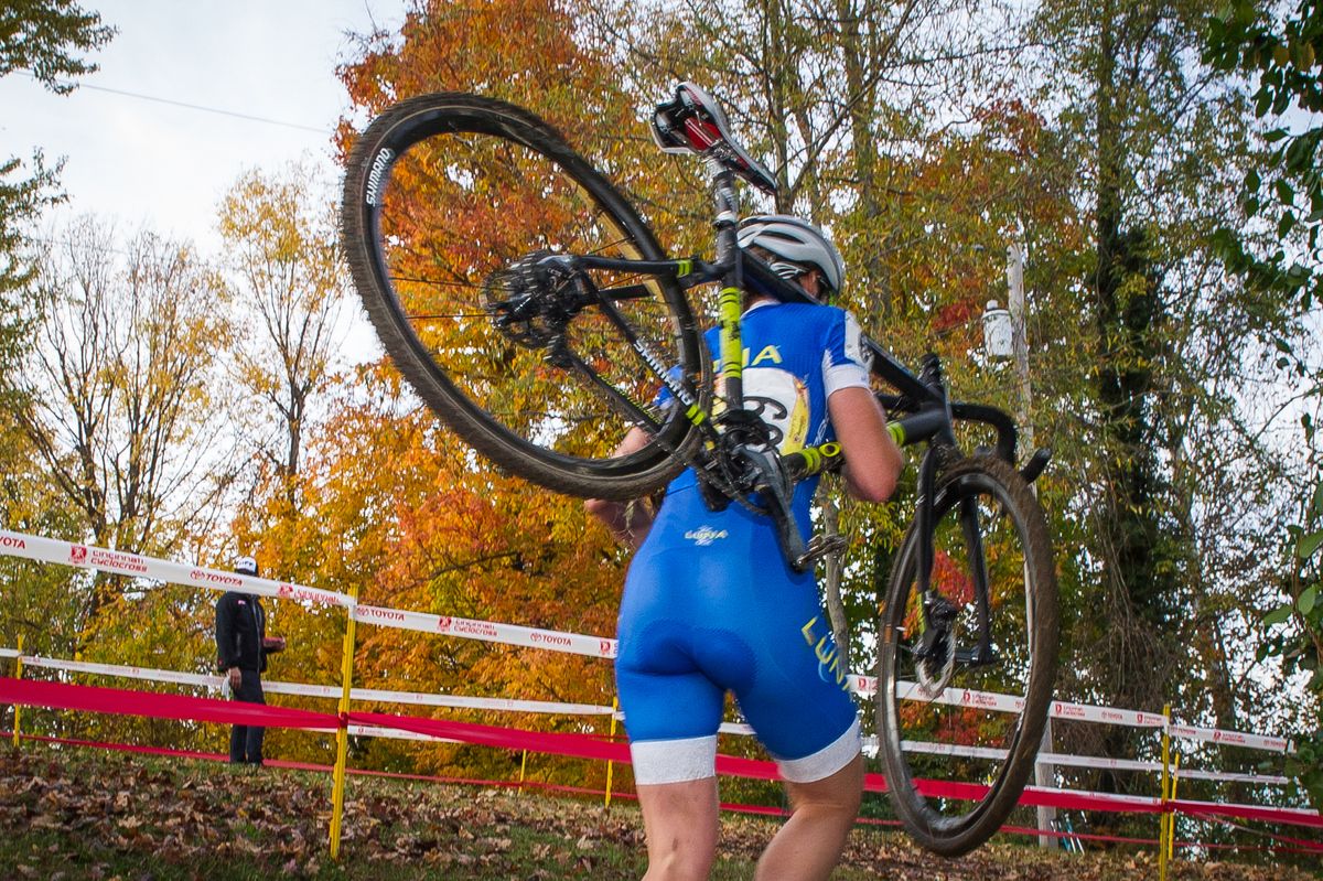 Georgia Gould (Luna Pro Team) after hitting an off camber and rolling her rear tyre
