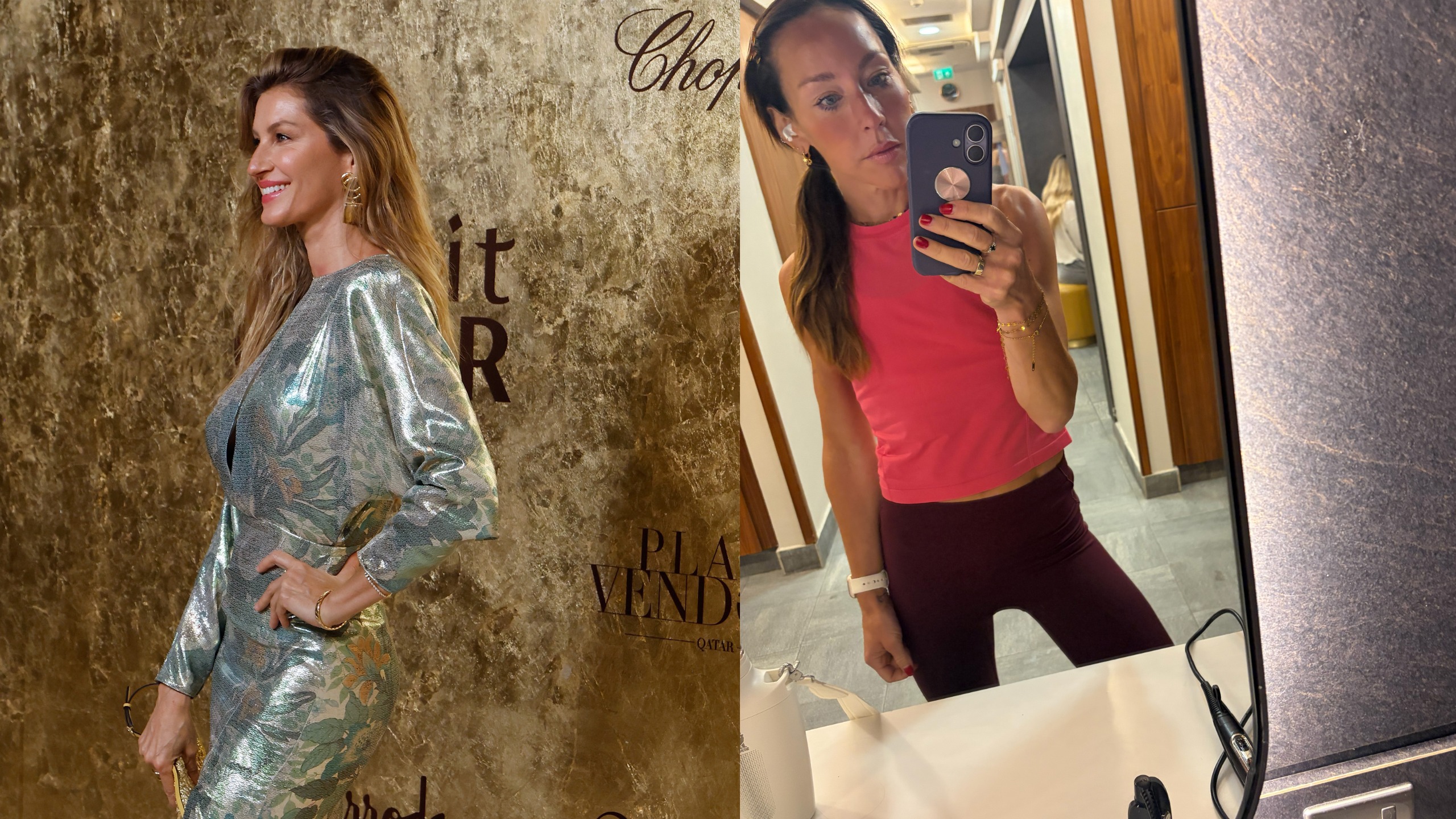 Left, Gisele Bundchen posing at an event in a shiny dress. Image right, Lucy Miller taking a selfie in the gym