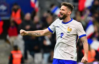 Olivier Giroud Of France celebrate goal during the international friendly match between France and Chile at Stade Velodrome on March 26, 2024 in Marseille, France.(Photo by Christian Liewig - Corbis/Getty Images)