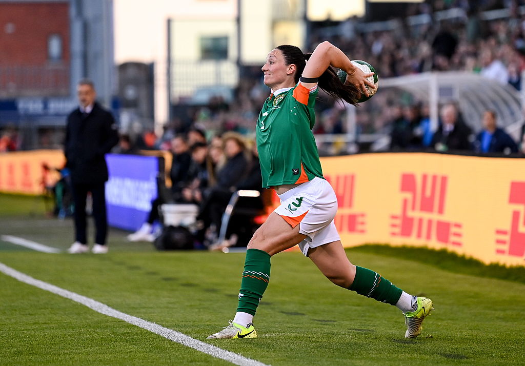 Megan Campbell of Republic of Ireland takes a throw-in during the UEFA Women's Nations League B match between Republic of Ireland and Greece at Tallaght Stadium in Dublin. 