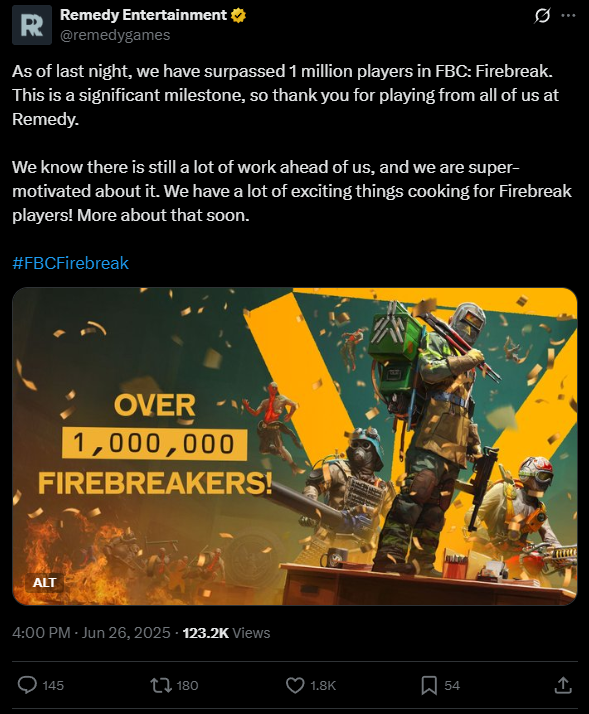 A post that reads: "As of last night, we have surpassed 1 million players in FBC: Firebreak. This is a significant milestone, so thank you for playing from all of us at Remedy.We know there is still a lot of work ahead of us, and we are super-motivated about it. We have a lot of exciting things cooking for Firebreak players! More about that soon.#FBCFirebreak"