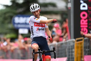 COGNE ITALY MAY 22 Giulio Ciccone of Italy and Team Trek Segafredo celebrates at finish line as stage winner during the 105th Giro dItalia 2022 Stage 15 a 177km stage from Rivarolo Canavese to Cogne 1622m Giro WorldTour on May 22 2022 in Cogne Italy Photo by Tim de WaeleGetty Images