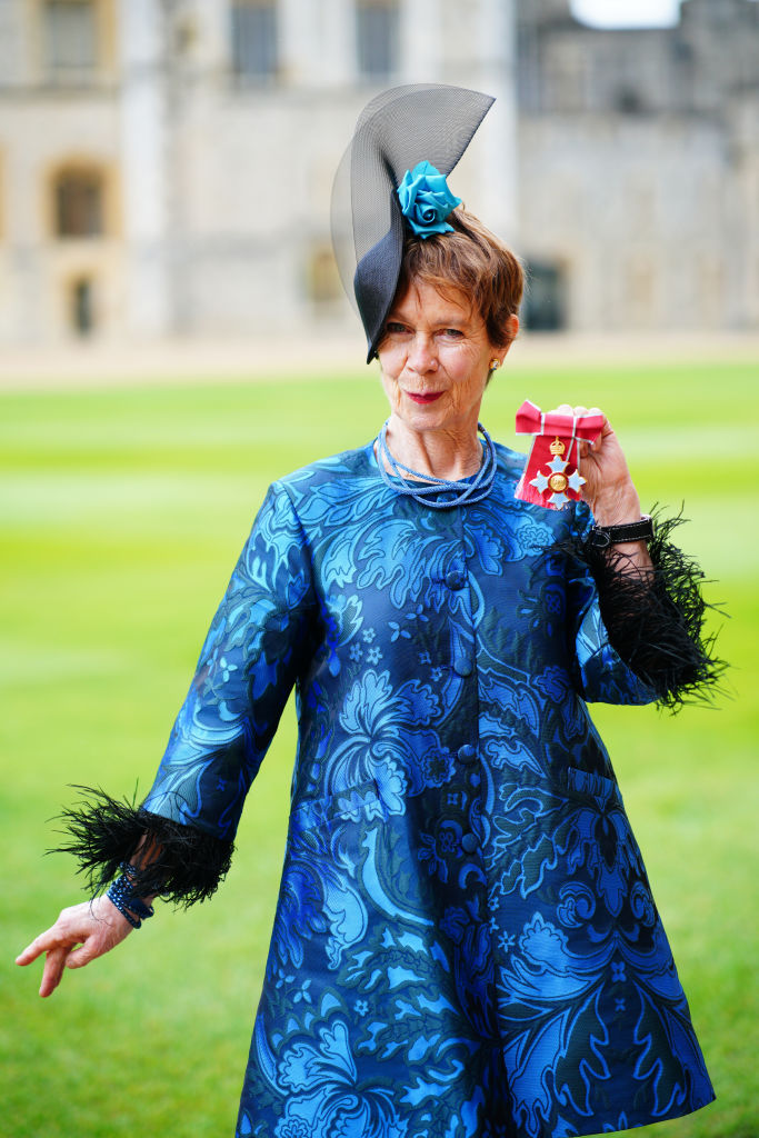 Celia Imrie poses after being made a Commander of the Order of the British Empire (CBE) during an investiture ceremony at Windsor Castle on April 9, 2024 in Windsor, England. (Photo by Ben Birchall - Pool/Getty Images)