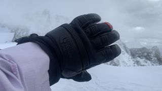 Hand wearing The North Face Summit Series Patrol Gore-Tex Gloves with alpine mountains in the background