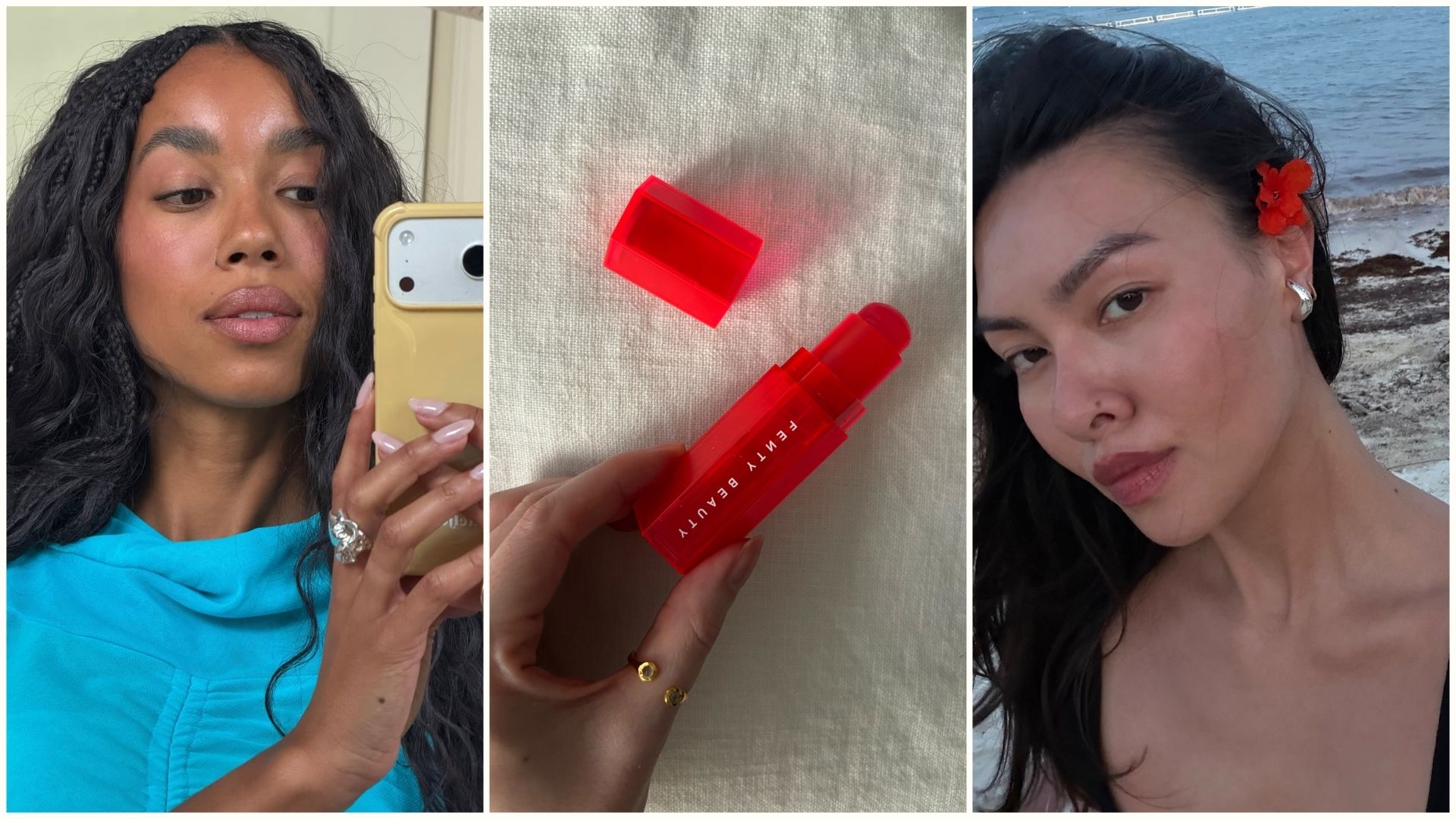 A collage of @amaka.hamelijnck and @mimixn with summer makeup looks and the Fenty Beauty Match Stix Color-Adaptive Cheek + Lip Stick