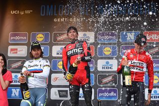 Greg Van Avermaet (BMC) sprays champagne on the podium after winning Omloop Het Nieuwsblad
