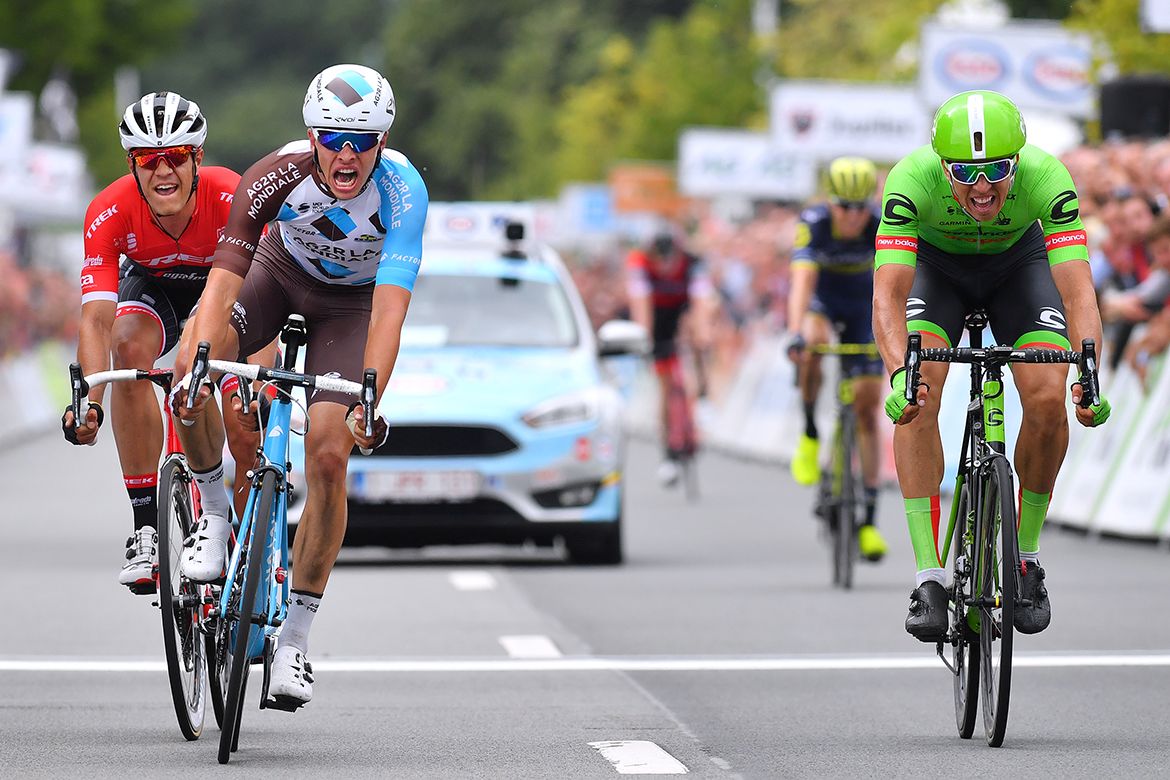 The contrasting emotions of first and second place after the sprint for the line