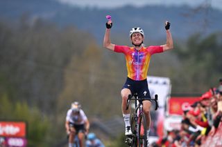 HUY BELGIUM APRIL 19 Demi Vollering of The Netherlands and Team SD Worx celebrates at finish line as race winner during the 26th La Fleche Wallonne Feminine 2023 a 1273km one day race from Huy to Mur de Huy UCIWWT on April 19 2023 in Huy Belgium Photo by David StockmanGetty Images