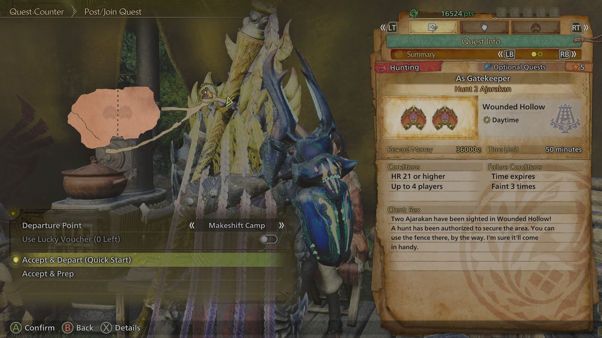 Monster Hunter Wilds - The As Gatekeepers quest overview page.
