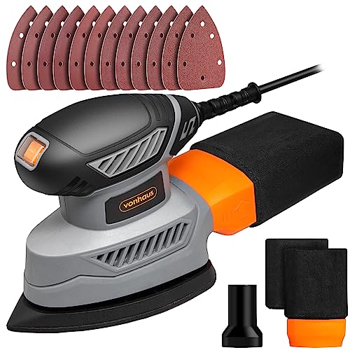 Vonhaus Detail Sander - 130w Electric Sander for Wood With Dust Collector, 12pcs Sandpaper - 13000rpm, Compact &amp;amp; Ideal for Tight Space Sanding, Home Improvement - Ergonomic Design Handle