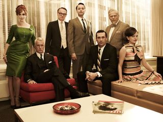 The cast of mad men (L to R) Christina Hendricks as Joan Harris, Jared Harris as Lane Price, John Slattery as Roger Sterling, Vincent Kartheiser as Pete Campbell, Jon Hamm as Don Draper, Robert Morse as Bert Cooper and Elizabeth Olsen as Peggy Olson in a key art for the show