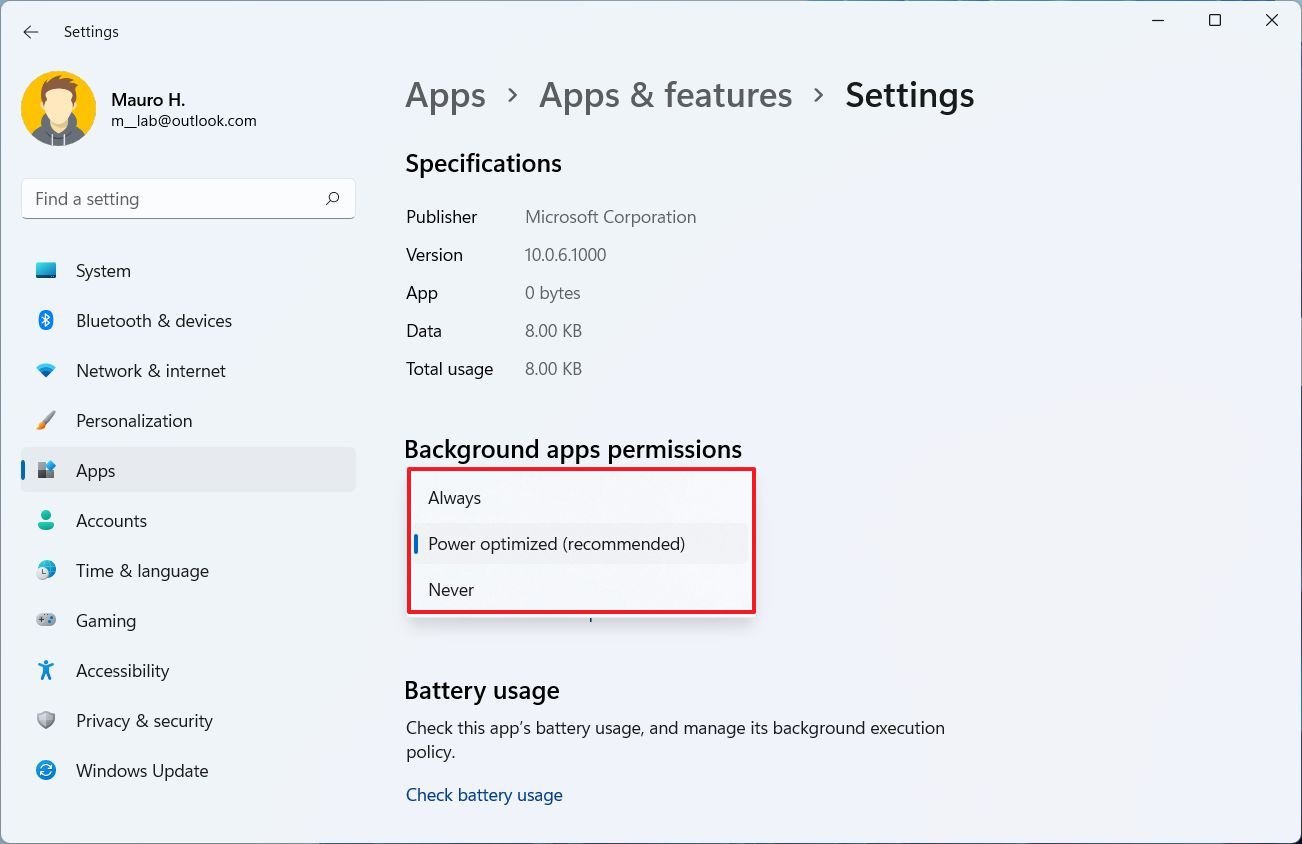 Background apps permissions