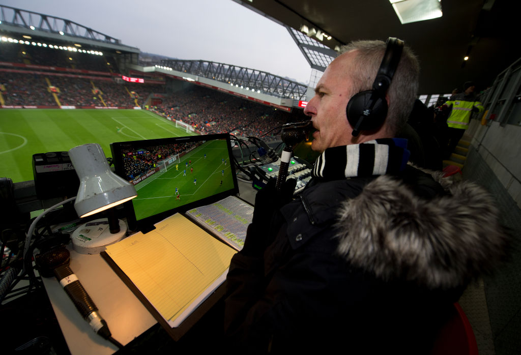Sky Sports TV commentator Rob Hawthorne at the Premier League match between Liverpool and Everton at the Anfield Stadium on December 10, 2017 in Liverpool, United Kingdom.