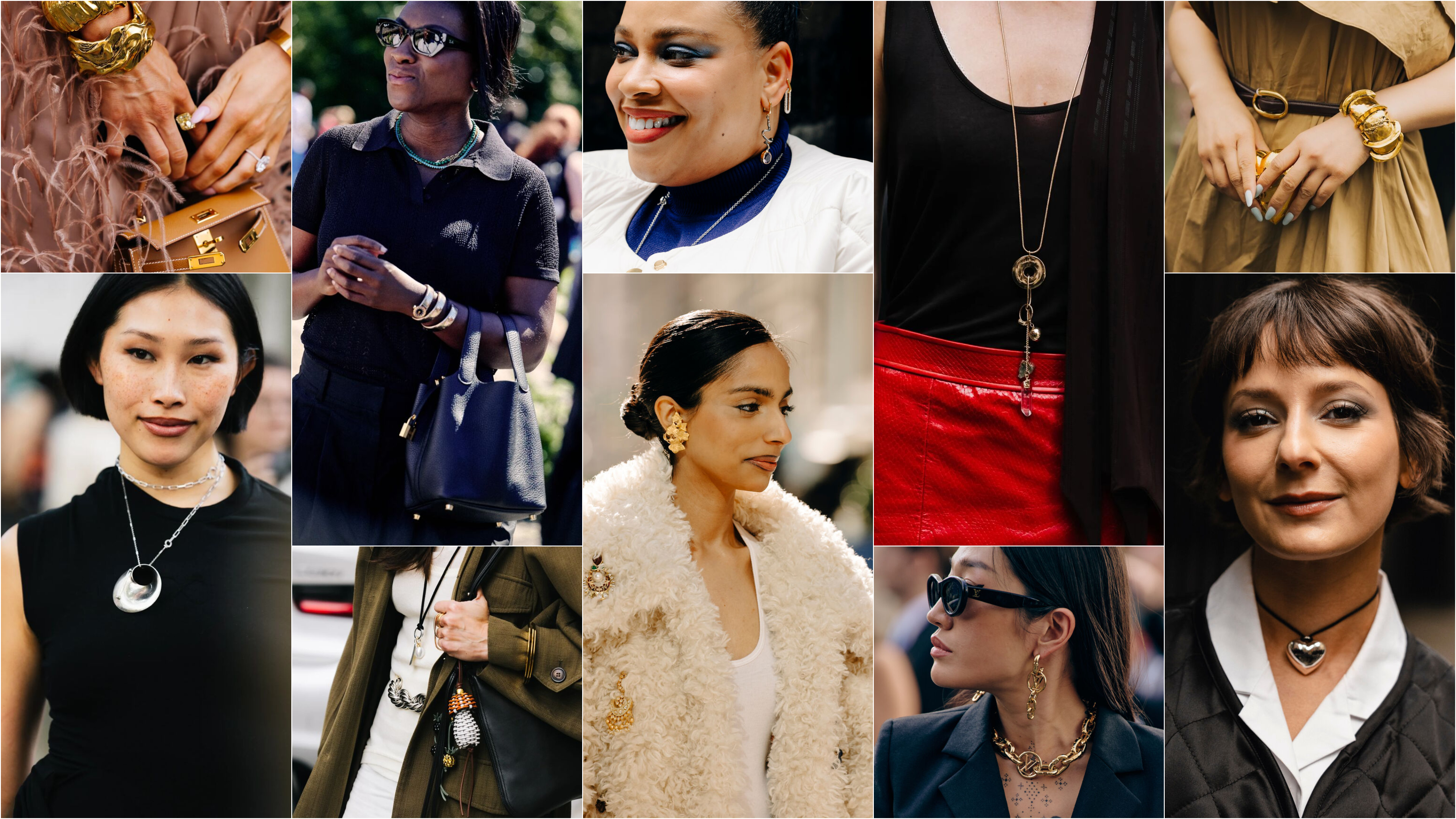 Best Jewelry Brands: A collage of women at fashion week wearing jewelry, including gold necklaces, gold earrings, silver pendant necklaces, and green stone necklaces.