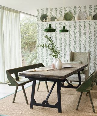 Dining room ideas botanical walls green benches