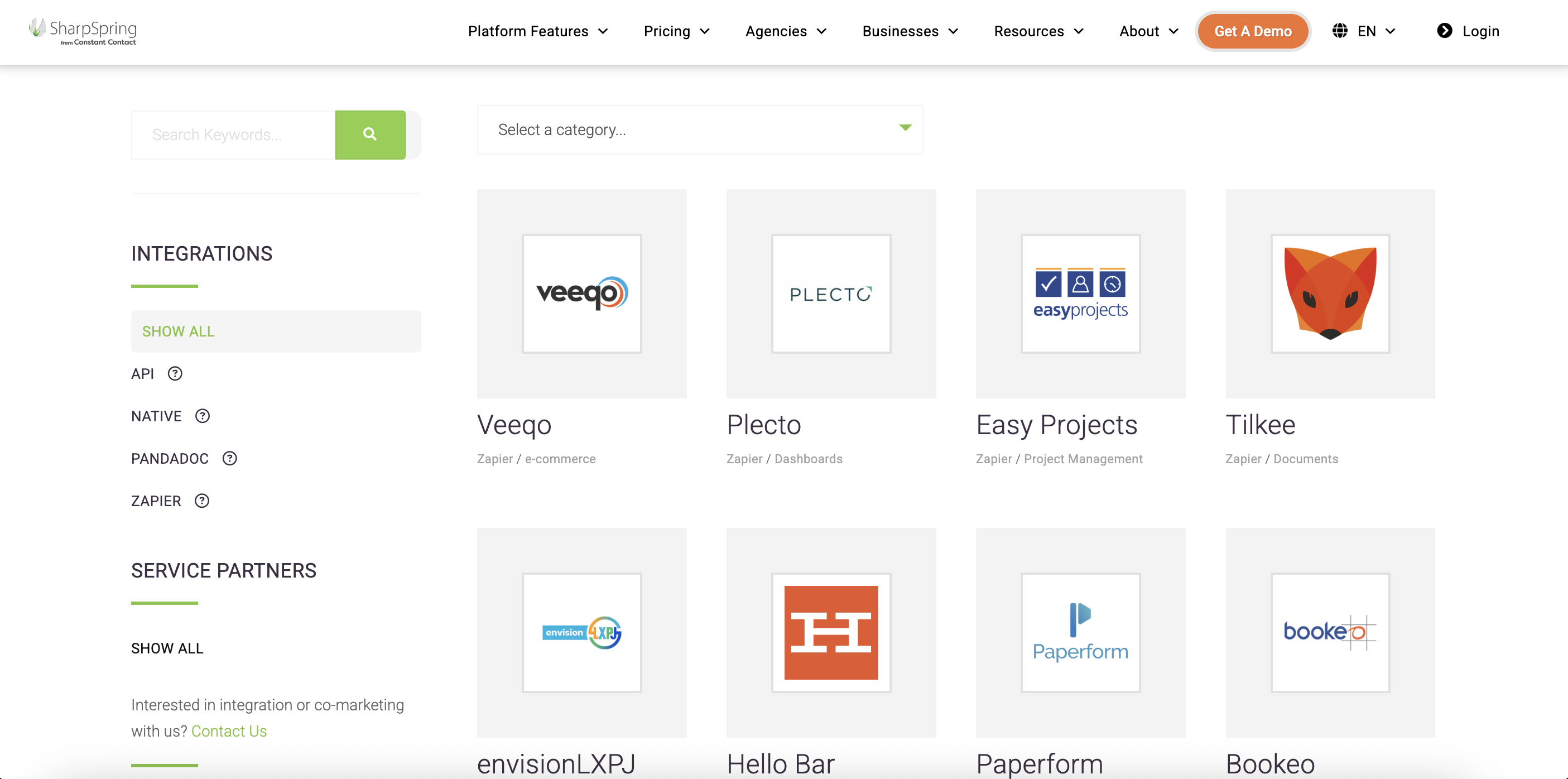 screenshot of SharpSpring app marketplace