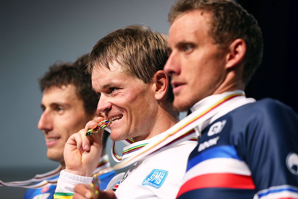 Adriano Malori (Italy), Vasil Kiryienka (Belarus) and Jerome Coppel (France) make up the podium