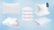 Five of the best affordable pillows on a pastel blue cloud-effect background