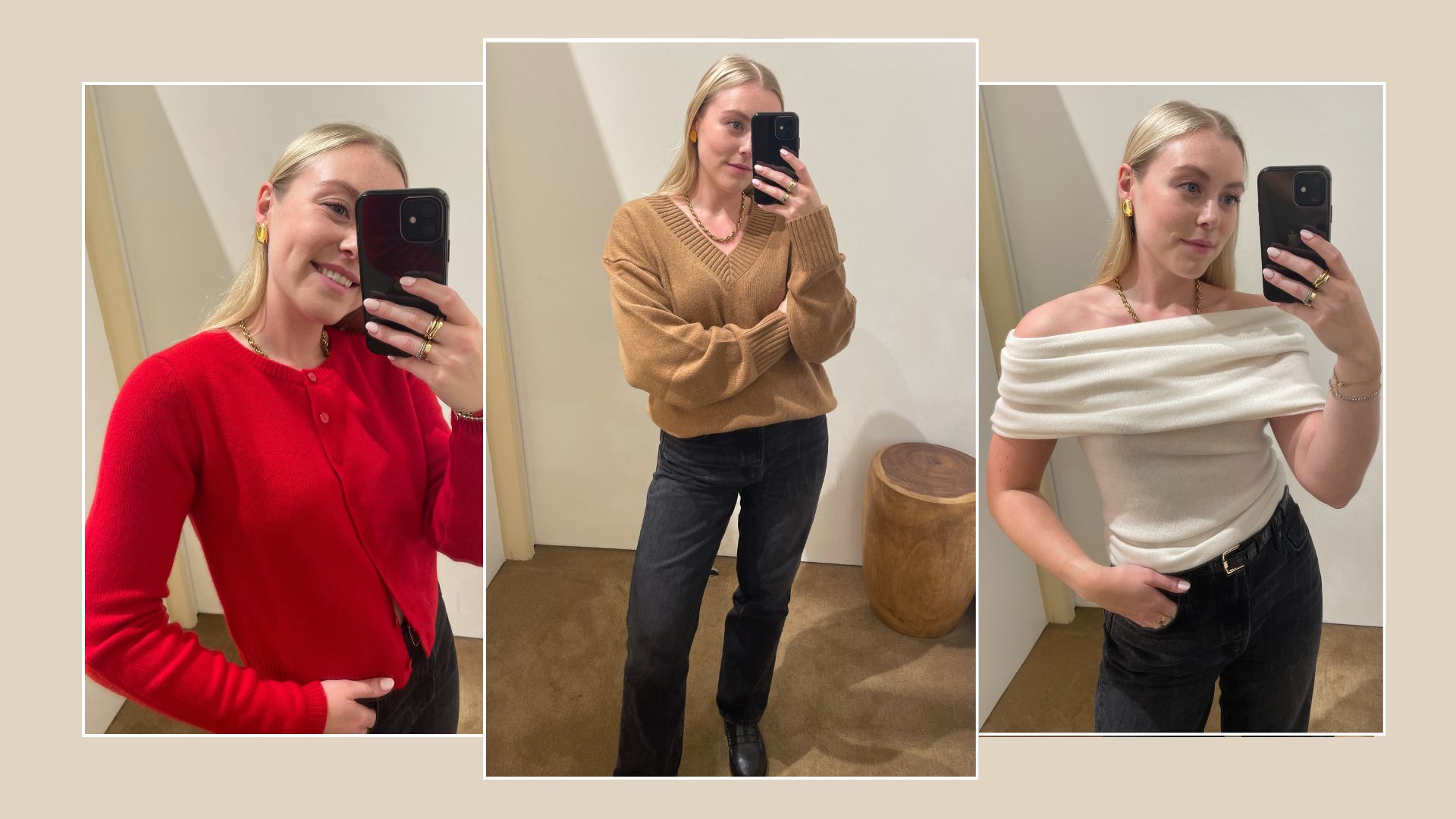 Woman wears red cashmere cardigan; woman wears camel v-neck jumper; woman wears cream cashmere top