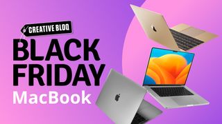 Black Friday promo shot featuring MacBook on a purple background