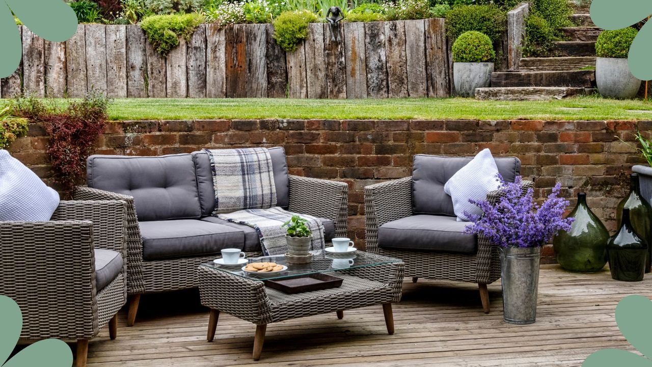  picture of outdoor rattan furniture in a levelled garden