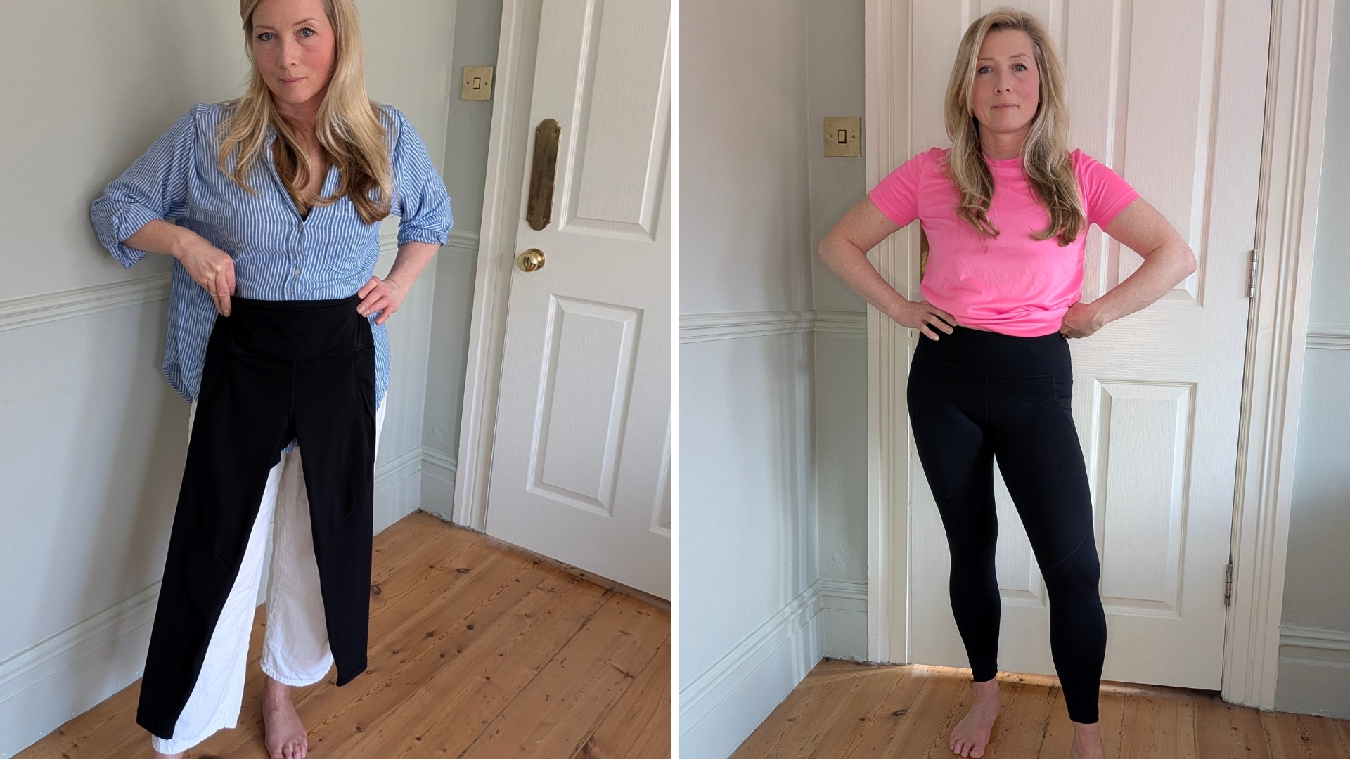 Sweaty Betty leggings shown by a tester before and after wearing them