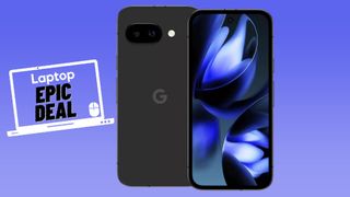 Black Pixel 9a against blue gradient background.