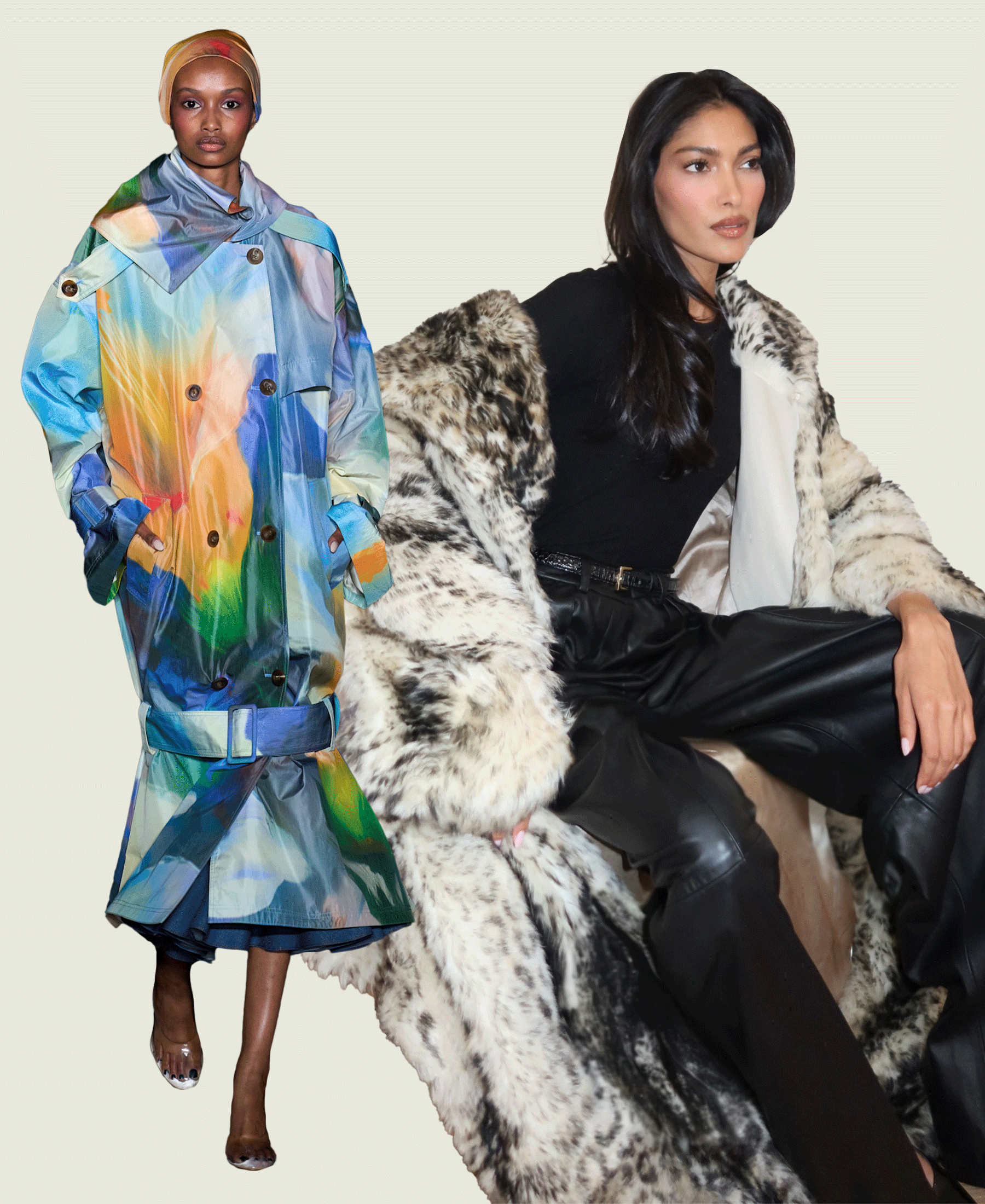 Collage of Pritika Swarup and runway models wearing maximalist clothing.