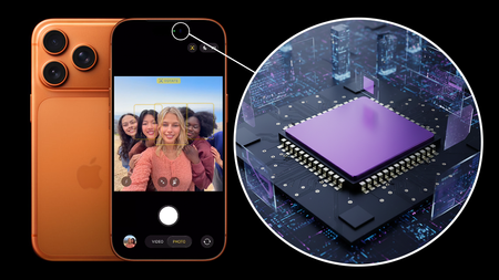 A product shot of the Apple iPhone 17 Pro on a black background and there is a picture bubble pointing to the iPhone camera with an image of a square sensor inside of it