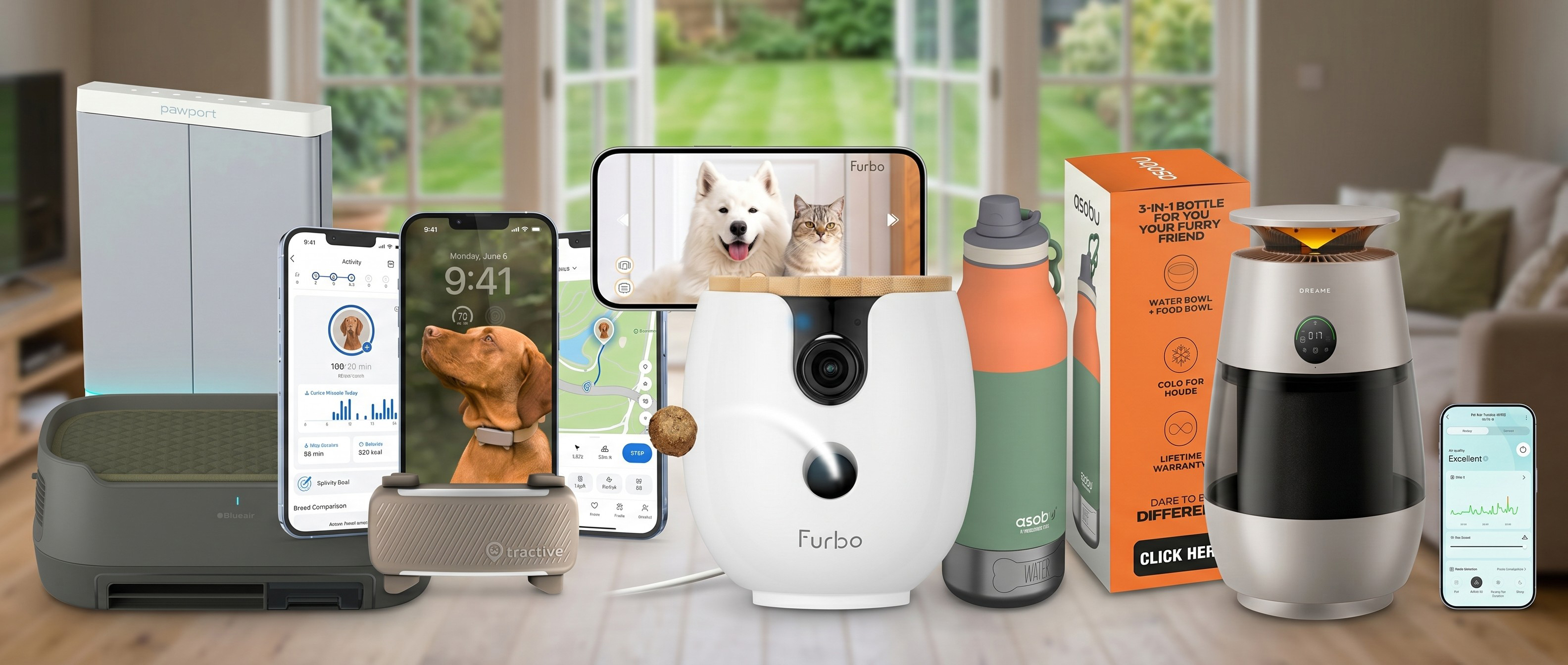 Selection of dog care gadgets in a living room
