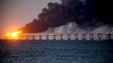 Kerch Bridge on fire following a truck bomb explosion on 8 October 2022