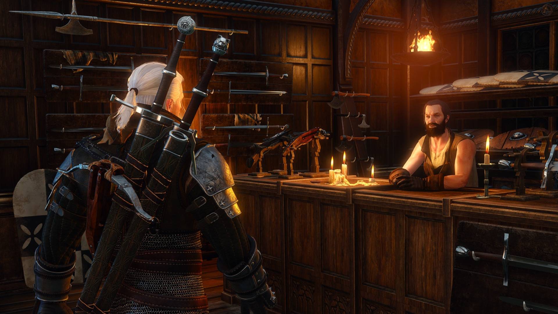 In The Witcher 3: Wild Hunt, Geralt approaches a blacksmith selling weapons