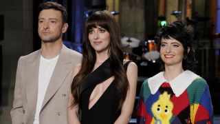 Episode 1854 -- Pictured: (l-r) Musical guest Justin Timberlake, host Dakota Johnson, and Sarah Sherman during Promos in Studio 8H on Thursday, January 25, 2023