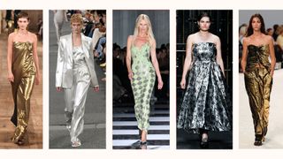 5 models on the runway wearing spring summer trends Ralph Lauren, Chloe, Versace, Simone Rocha, Rabanne