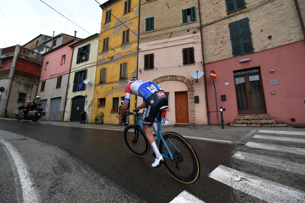 CASTELFIDARDO ITALY MARCH 14 Mathieu Van Der Poel of Netherlands and Team AlpecinFenix during the 56th TirrenoAdriatico 2021 Stage 5 a 205km stage from Castellalto to Castelfidardo 175m Breakaway TirrenoAdriatico on March 14 2021 in Castelfidardo Italy Photo by Tim de WaeleGetty Images