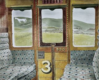 Illustration artwork by ‘Ravilious in Pictures, wooden frame train compartment, grey, blue dot and diamond design seating, number 3 and 990 displayed on door, wooden framed windows with view of landscape, green grass and hills, large white Westbury horse painted on hillside, blue sky