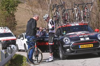 Tom Dumoulin gets in the team car after crashing during stage 7 at Paris-Nice