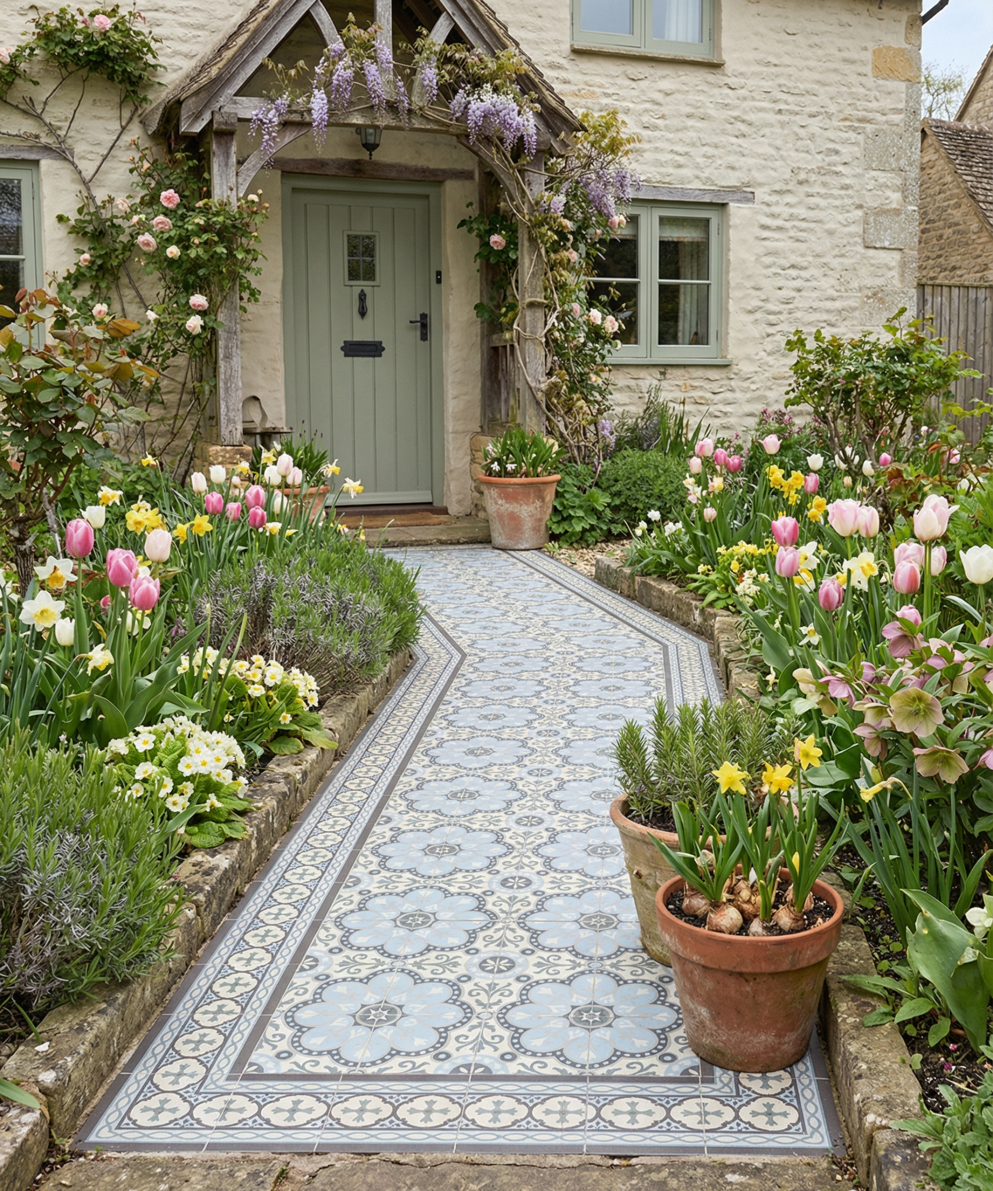 blue and cream patterned tiled pathway with planted borders leading to cream stone house with wooden porch and climbing plant over porch