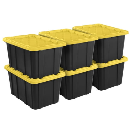 Sterilite 27 Gallon Industrial Tote, Rugged Plastic Storage Bin, Snap-On Lid, Black/yellow, 6 Pack