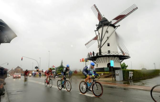 Mat Hayman (Orica-GreenEdge) leads the break past a windmill