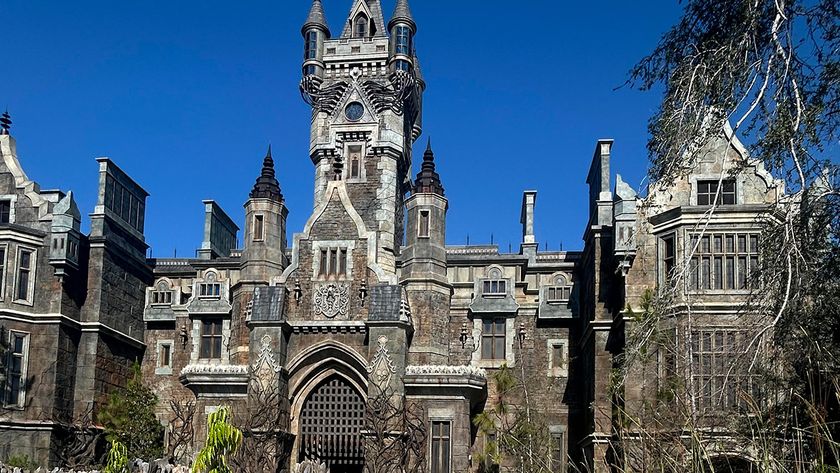 A view of the intricate work on the building from outside of Darkmoor at Monsters Unchained: The Frankenstein Experiment. 