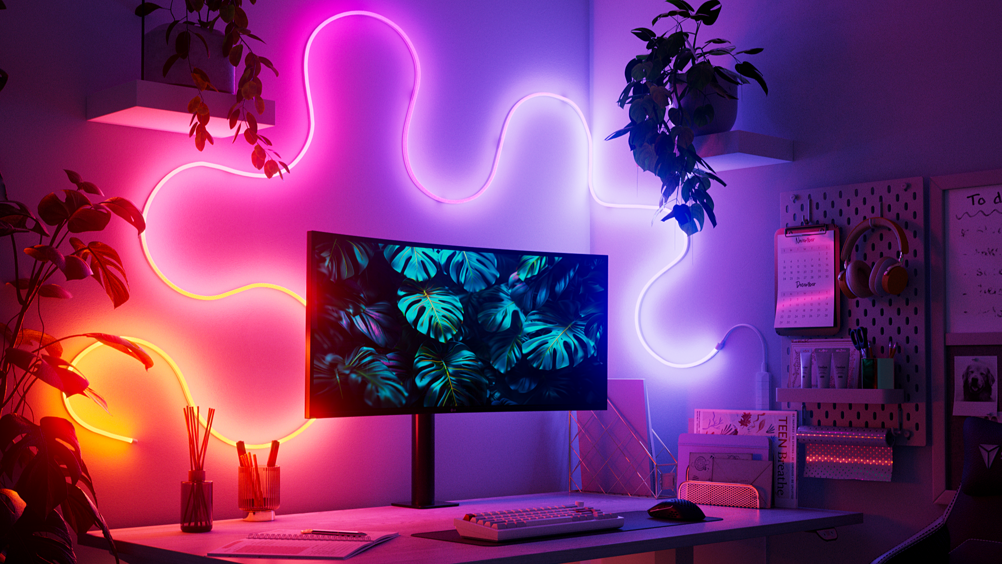 Nanoleaf Rope Light on wall behind desktop PC monitor