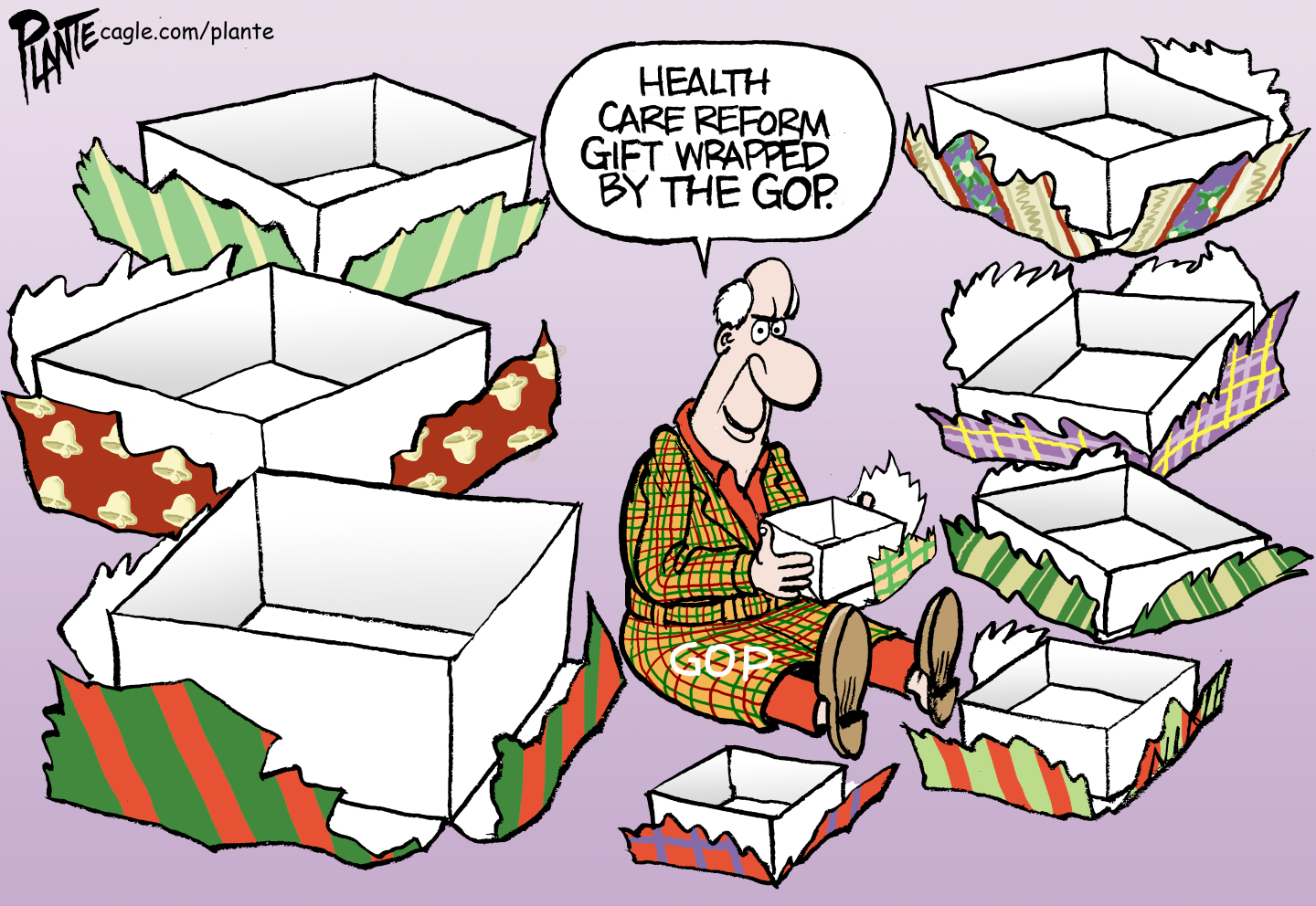 An old man in a &amp;ldquo;GOP&amp;rdquo; robe sits surrounded by nine opened gifts that are all empty boxes. He says, &amp;ldquo;Health care reform gift wrapped by the GOP.&amp;rdquo;