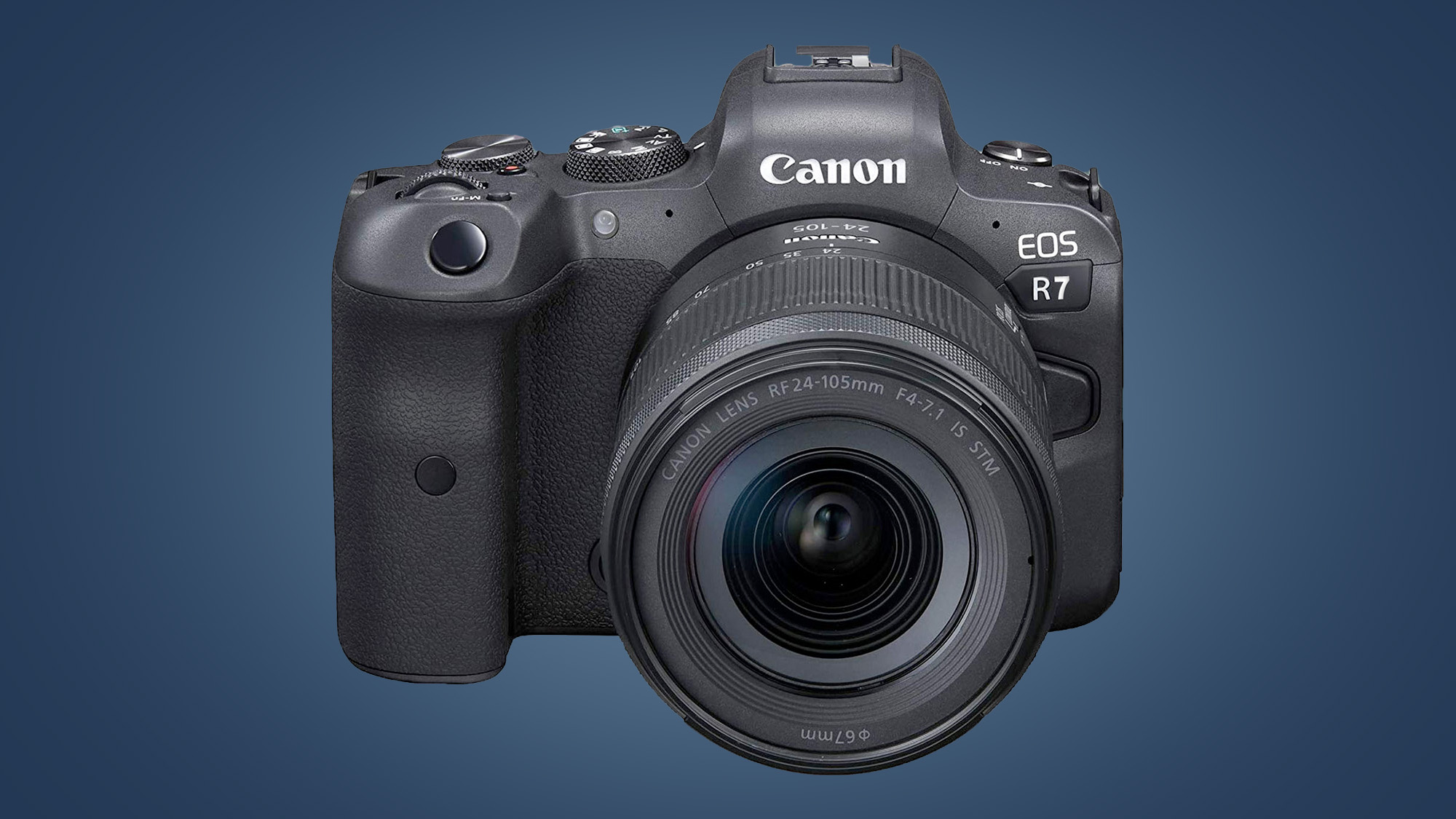 The Canon EOS R5 camera on a blue background
