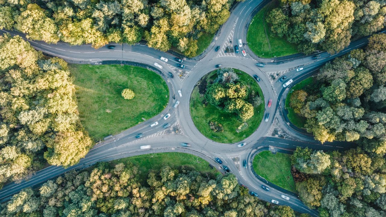 Birdseye view of a roundabout in Surrey, UK