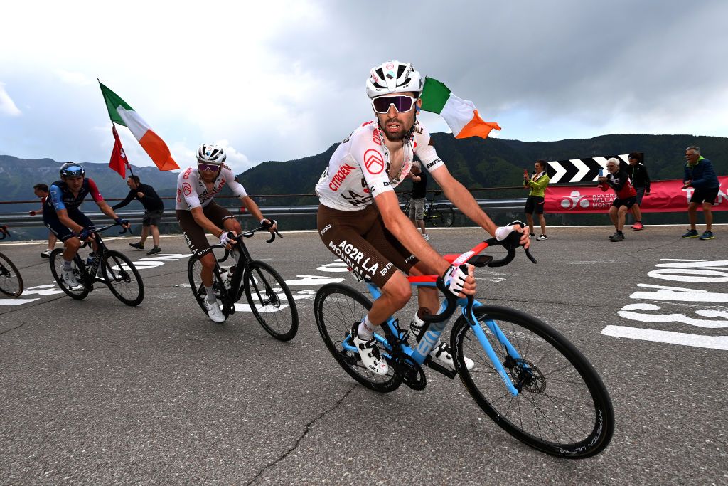 MONTE BONDONE ITALY MAY 23 LR Derek Gee of Canada and Team Israel Premier Tech Aurlien ParetPeintre of France and Valentin ParetPeintre of France and AG2R Citron Team compete in the chase group during the 106th Giro dItalia 2023 Stage 16 a 203km stage from Sabbio Chiese to Monte Bondone 1642m UCIWT on May 23 2023 in Monte Bondone Italy Photo by Tim de WaeleGetty Images